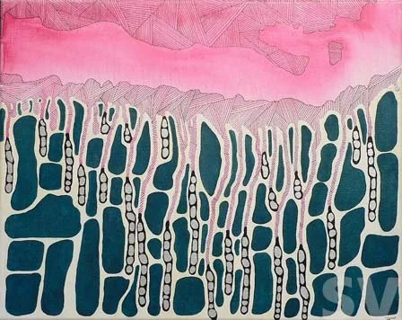 Inner Earth - 20" x 16" - Acrylic, oil pastel, silver pen on canvas 2025 framed