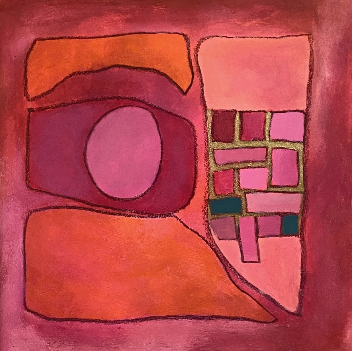 Abstract artwork with pink, orange, and red shapes, featuring a large circle and smaller rectangular sections outlined in black with hints of blue and green.