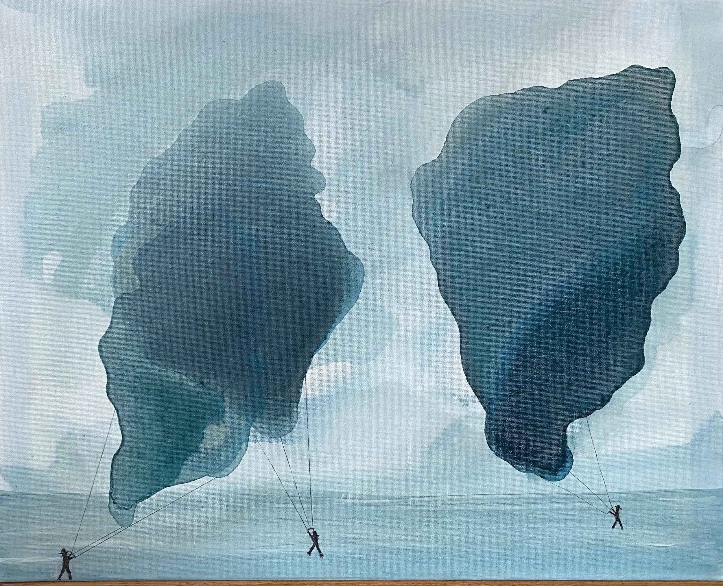 Children connecting helium balloons shaped like continents, forming a large globe, with a sky background.