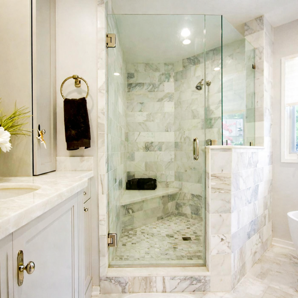 Spaulding Square bathroom remodel with marble tile walk-in shower, glass enclosure, custom white vanity, and mosaic tile shower floor in Los Angeles.