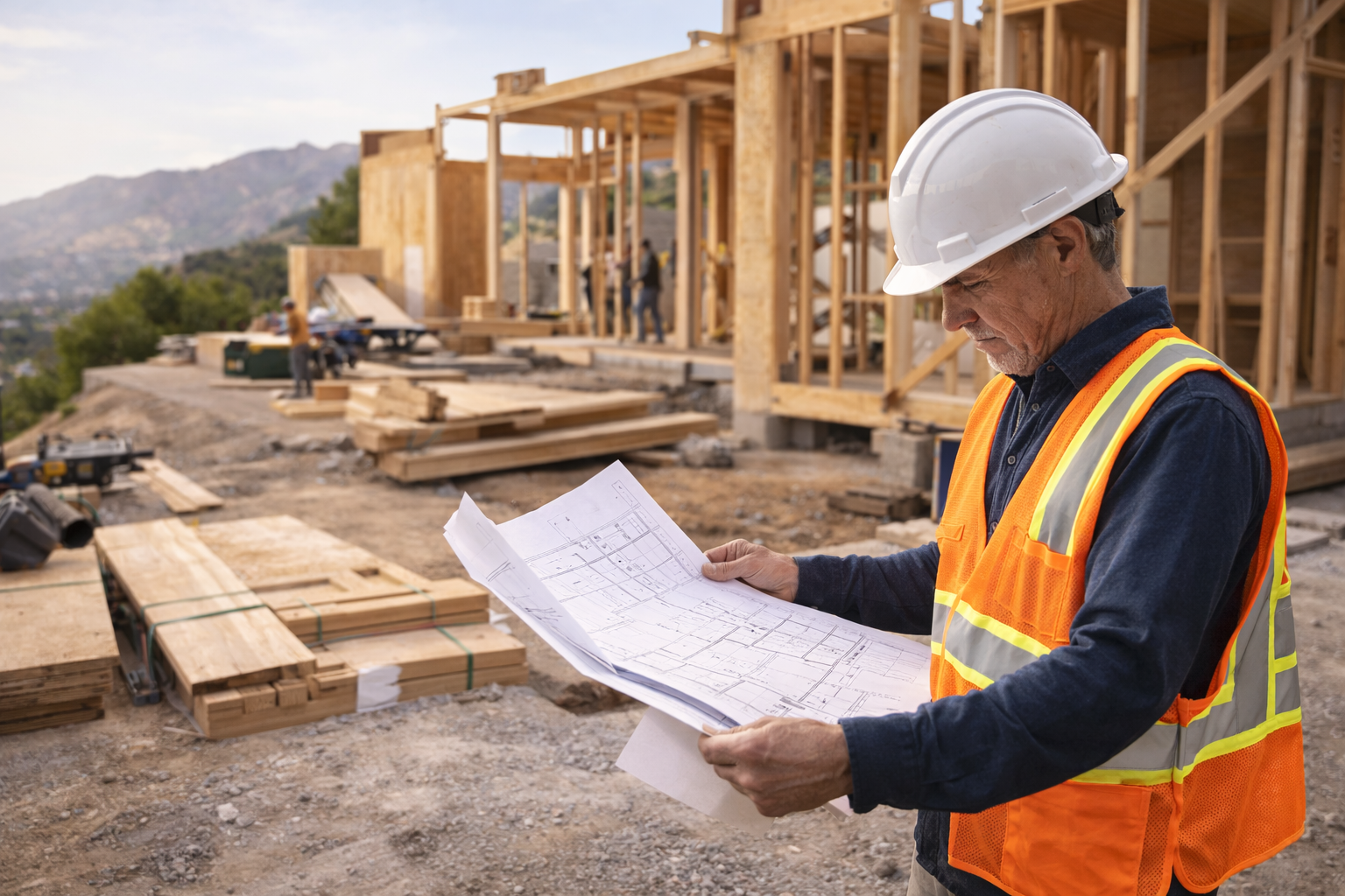 Builder reviewing plans on site during a residential rebuild in Altadena, Los Angeles County