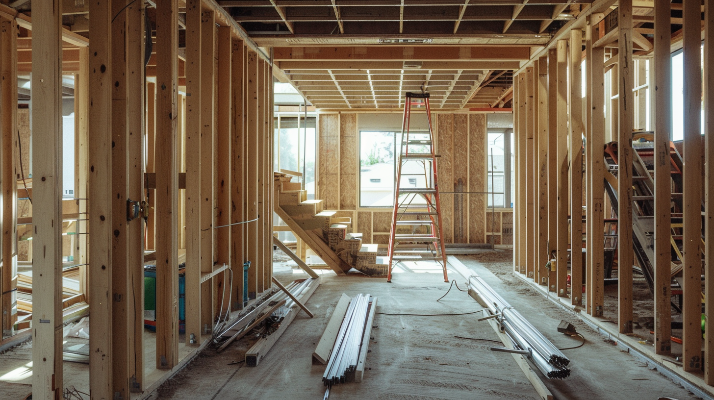 Interior framing and structural work in progress during a Los Angeles home renovation.