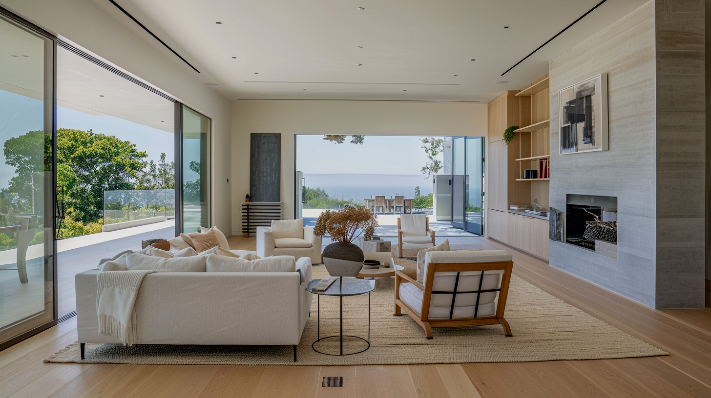 Open-concept Marina del Rey living room with ocean views, sliding glass walls, and indoor-outdoor design integration