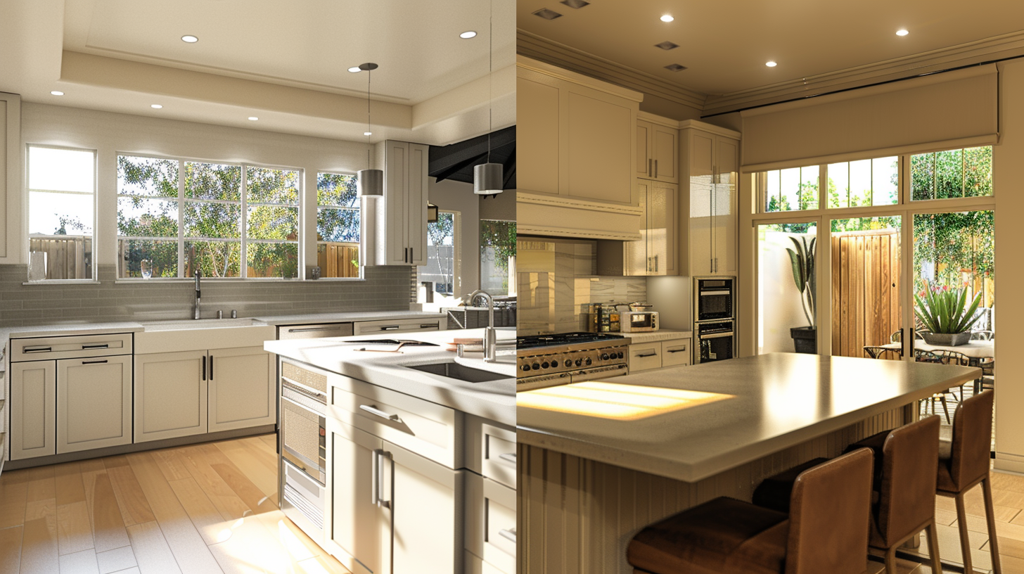 Kitchen remodel layout comparison showing cost impact of moving plumbing and island