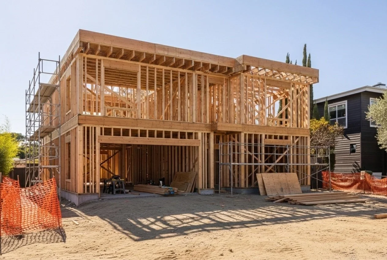 Two-story custom home framing stage with exposed wood structure and open-concept layout under construction