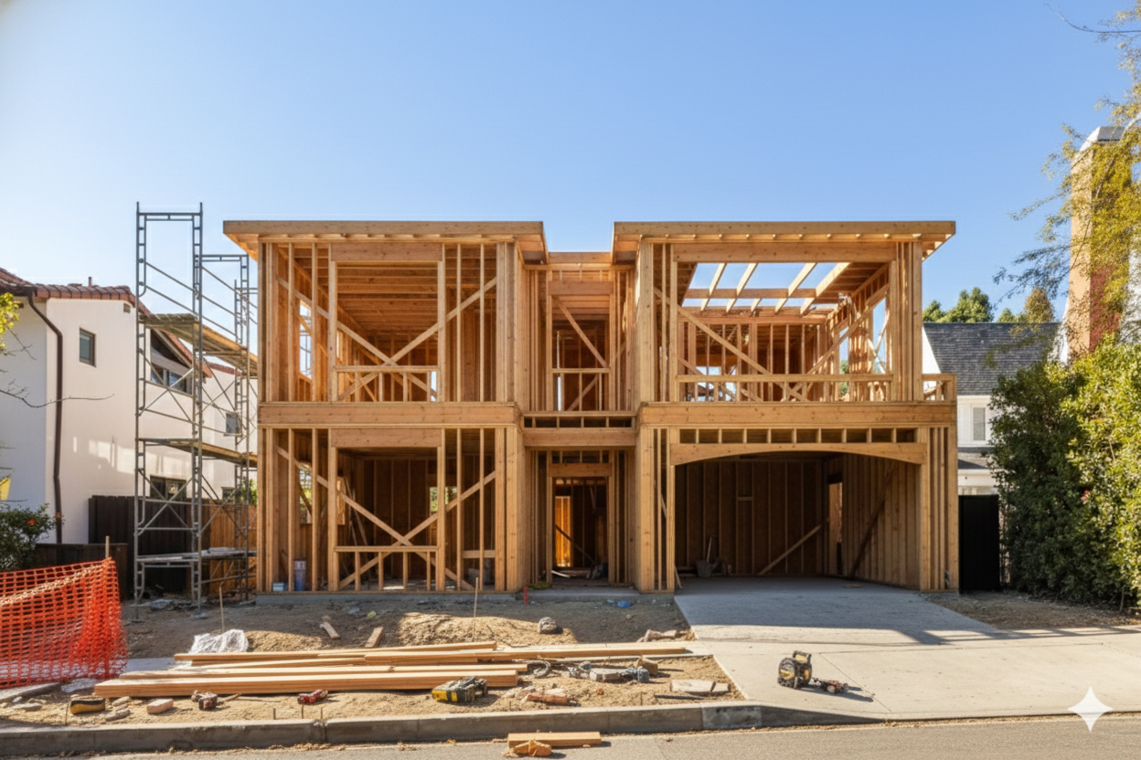 Wood framing of a two-story Brentwood custom home under construction, showing structural layout and open-concept design