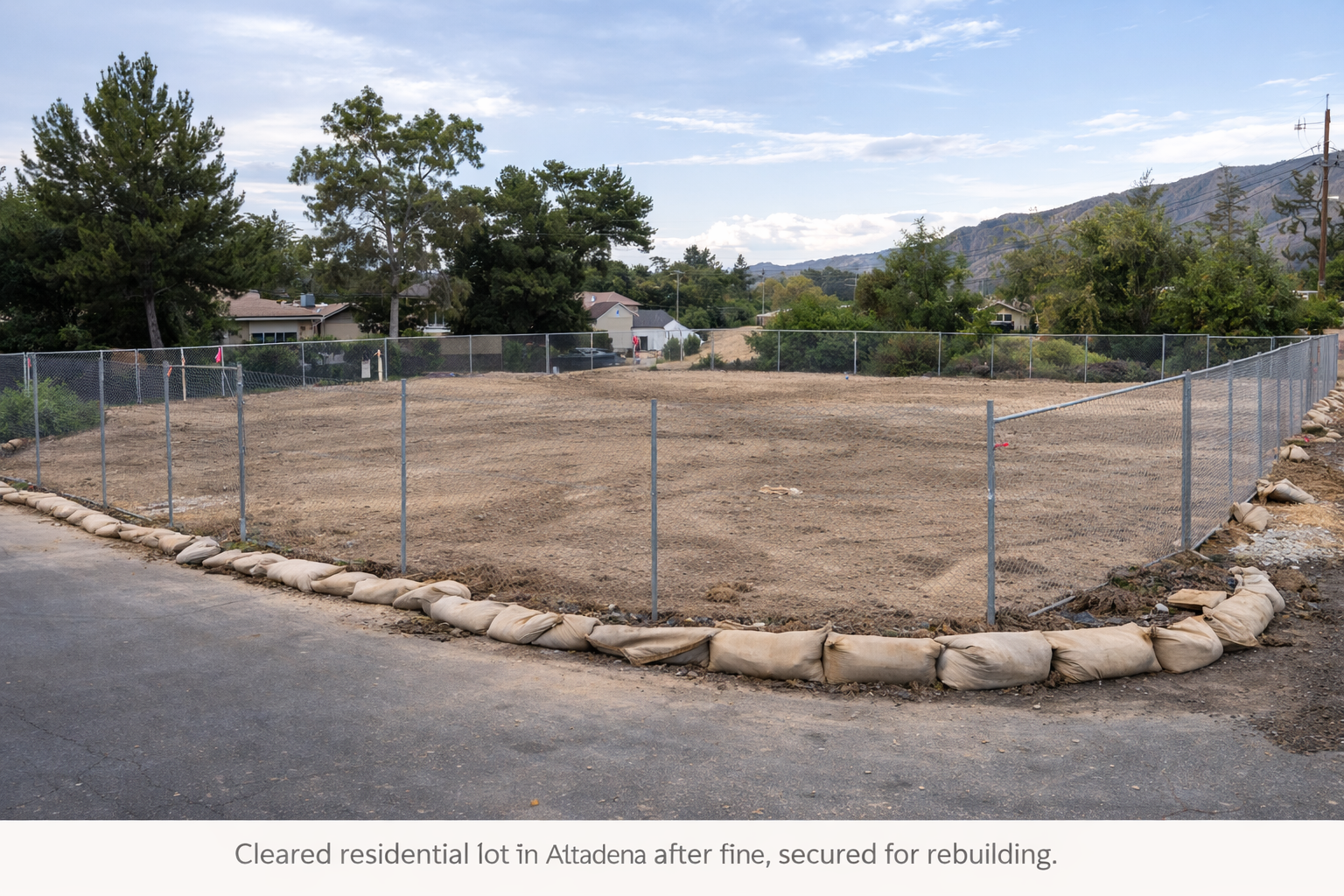 Cleared residential lot in Altadena after fire, site secured for rebuilding
