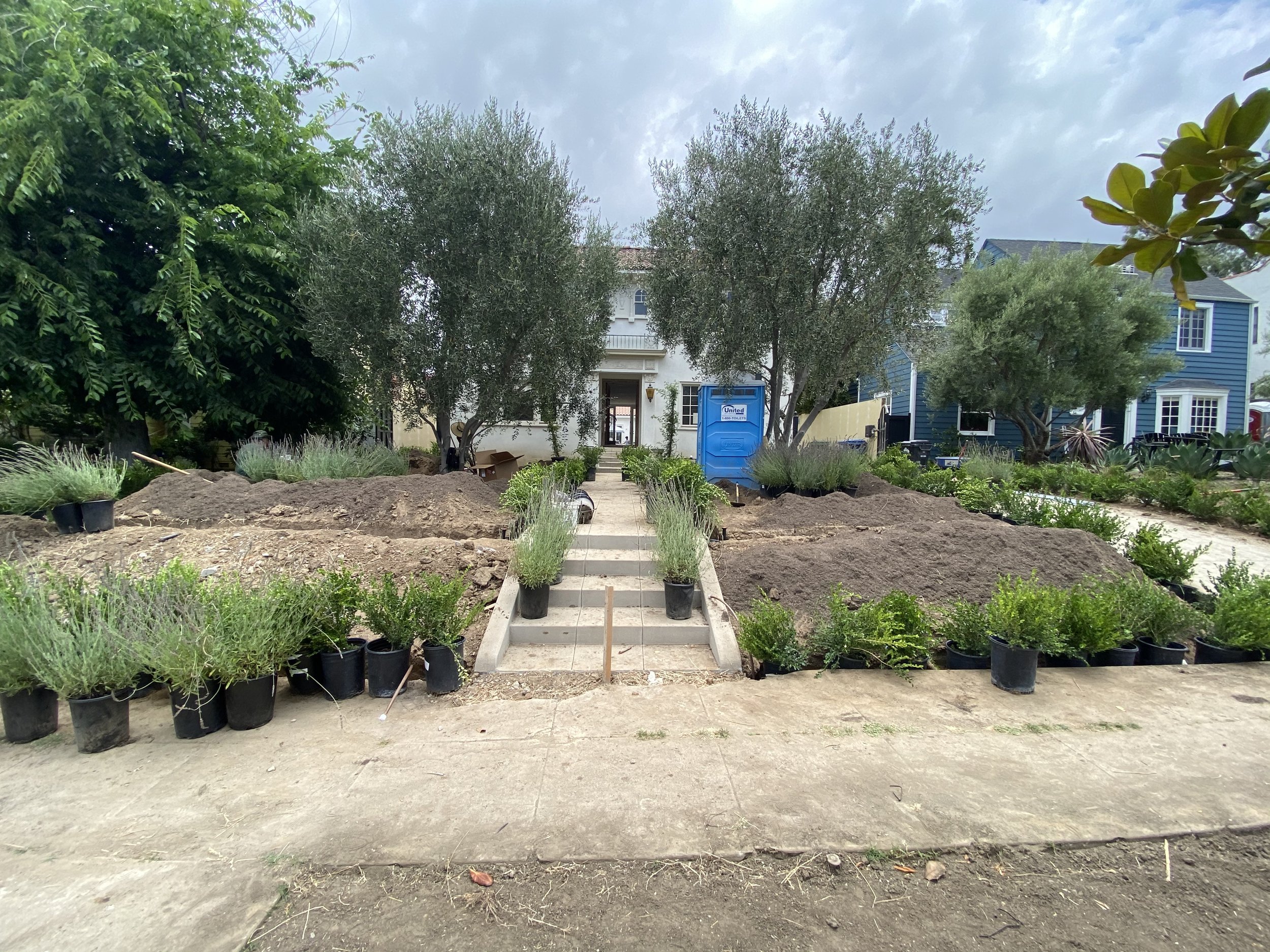 Hancock Park home renovation in progress with landscaping preparation, grading, and construction staging at front entry