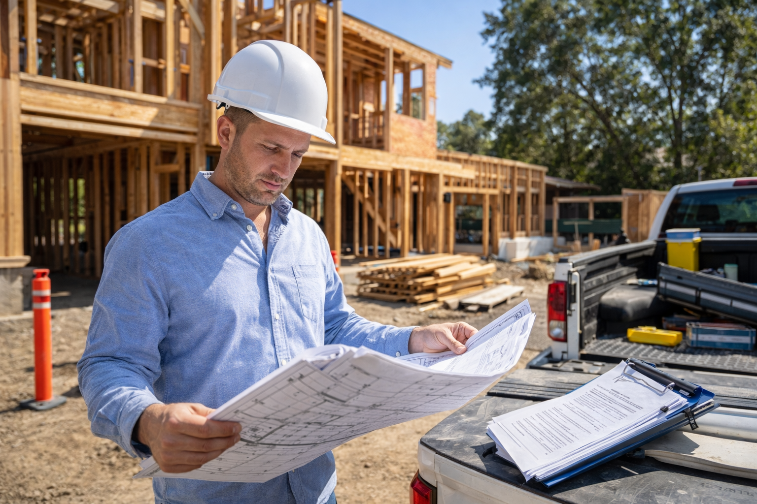 Construction professional reviewing plans on site during a residential fire rebuild in Pasadena