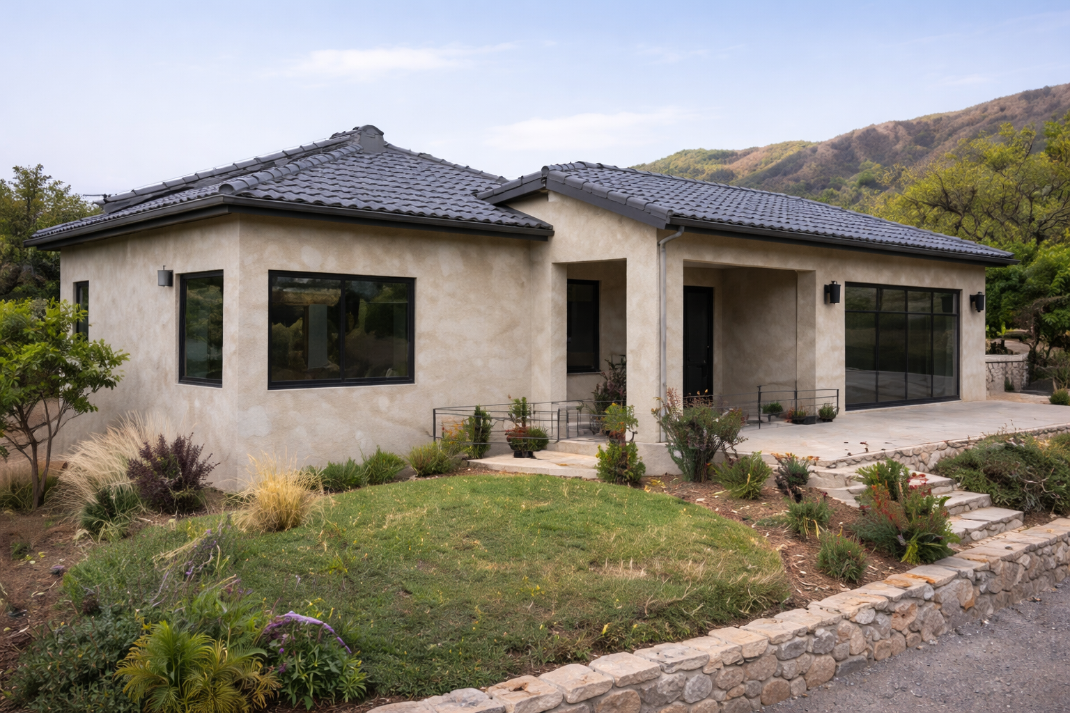 Fire-resistant California home with stucco exterior and tile roof, designed to meet Chapter 7A standards
