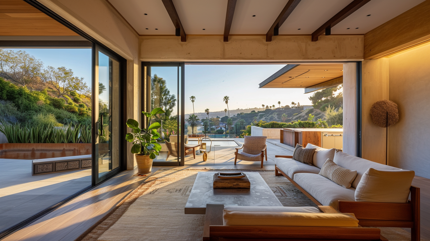 Indoor-outdoor living space with sliding glass walls and hillside views in a Bel Air custom home.