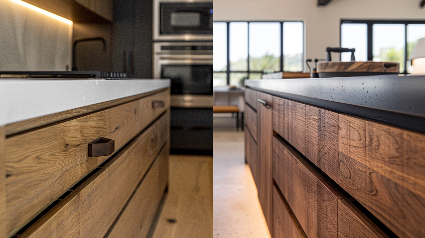 Close-up of modern kitchen cabinetry showing quality semi-custom cabinet construction