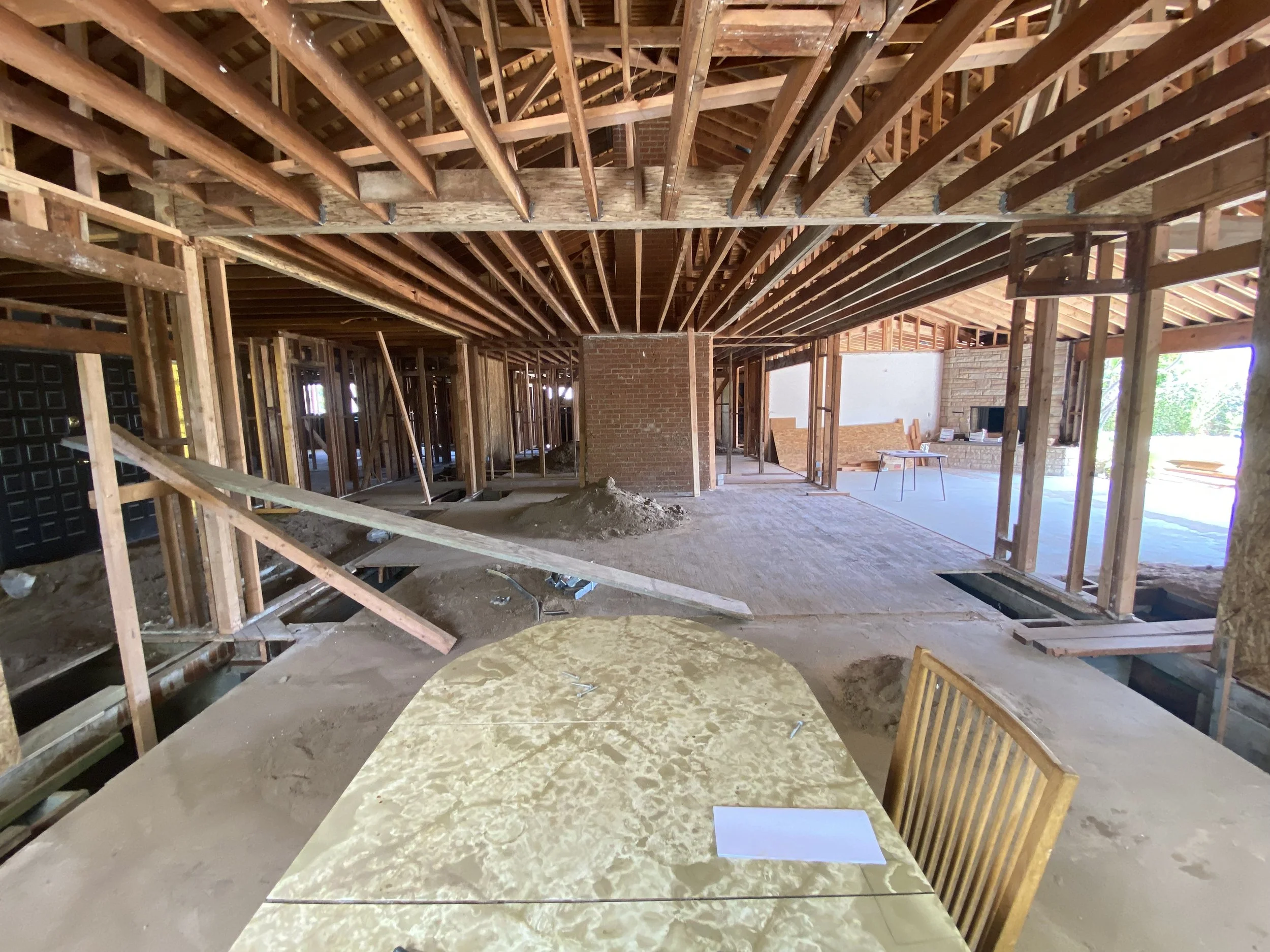Culver City home renovation in progress with full interior framing, exposed structure, and reconfigured layout during major remodel phase