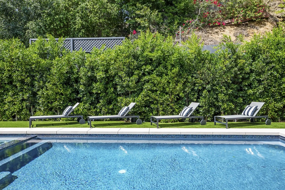 Beverly Hills pool detail with modern lounge chairs and manicured hedge backdrop