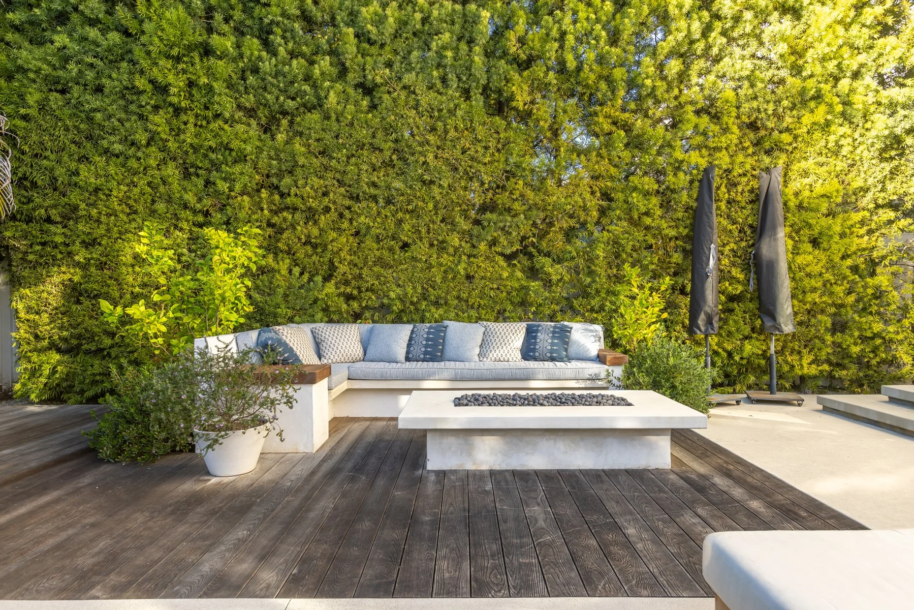 Outdoor lounge area in a Brentwood backyard featuring built-in seating, a concrete fire pit, wood deck flooring, and a lush privacy hedge.