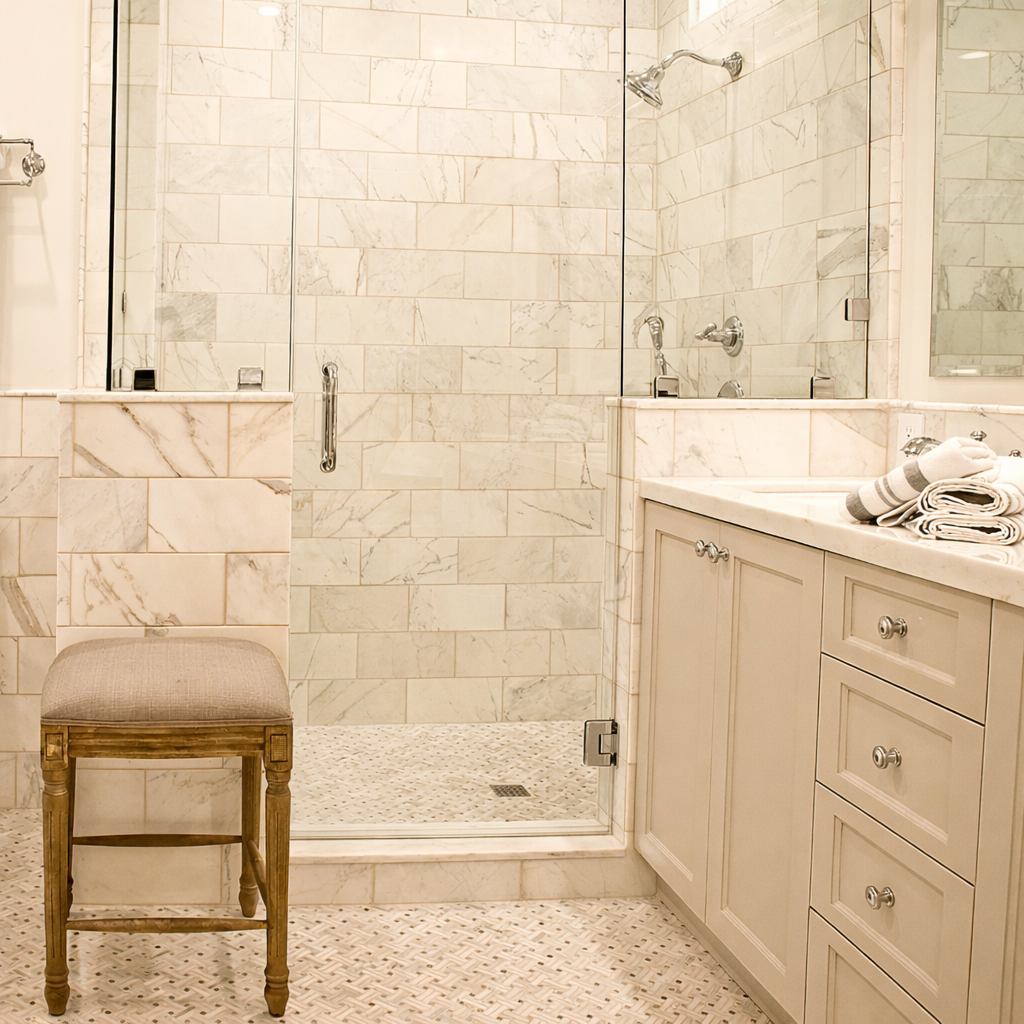 Spaulding Square bathroom remodel with marble tile shower, glass enclosure, mosaic floor tile, and custom white vanity cabinetry in Los Angeles.
