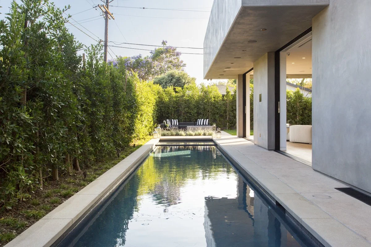 Venice custom lap pool with narrow proportions, smooth plaster exterior walls, and integrated landscape lighting