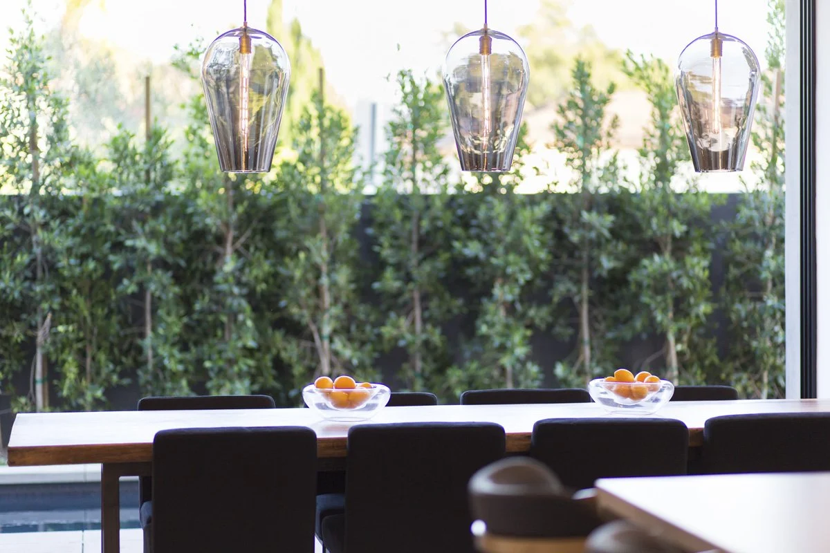 Modern dining area in Venice custom home featuring smoked glass pendant lights, solid wood table, black upholstered chairs, and floor-to-ceiling glass overlooking landscaped privacy hedges.