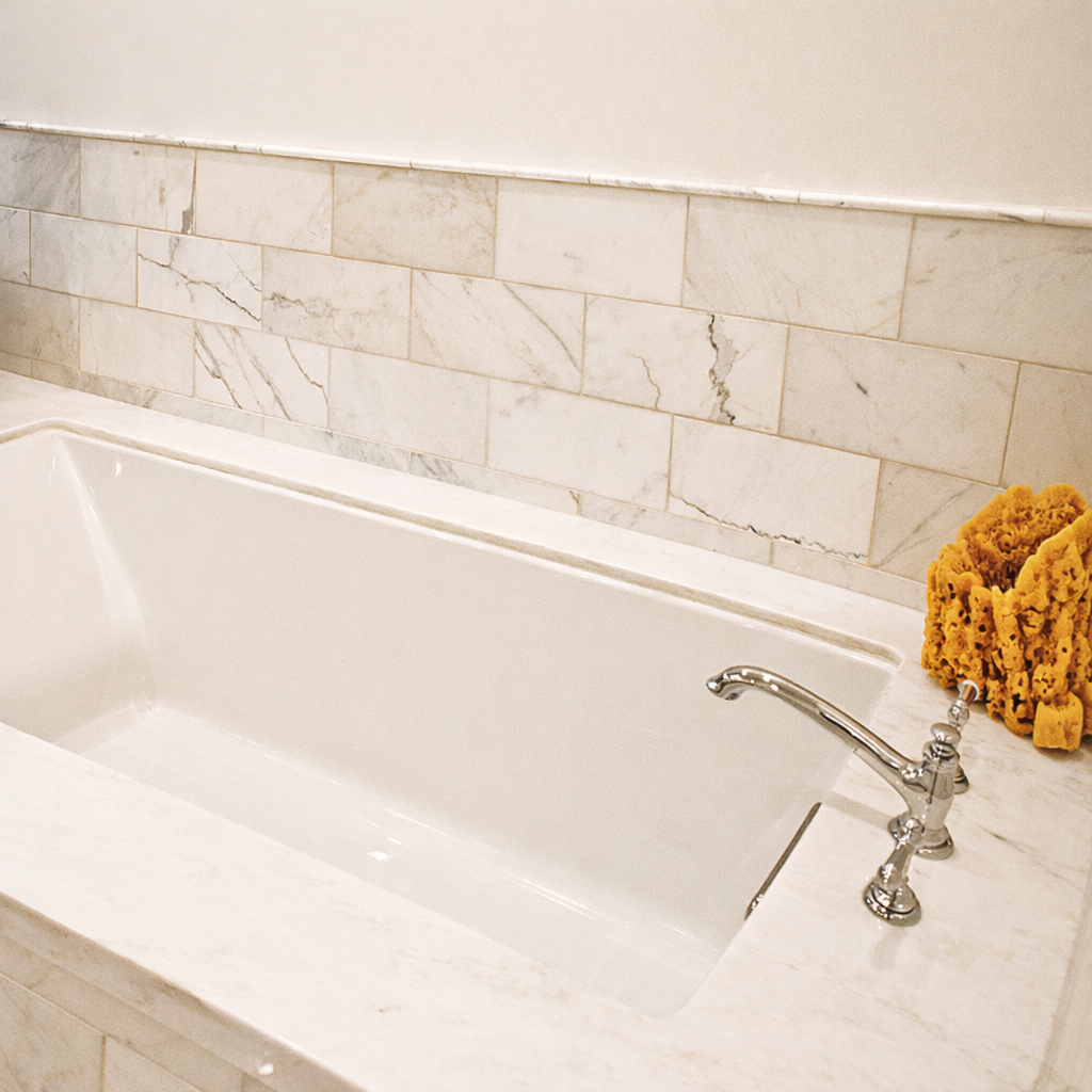 Marble bathtub surround with chrome faucet and stone tile backsplash in Spaulding Square bathroom remodel