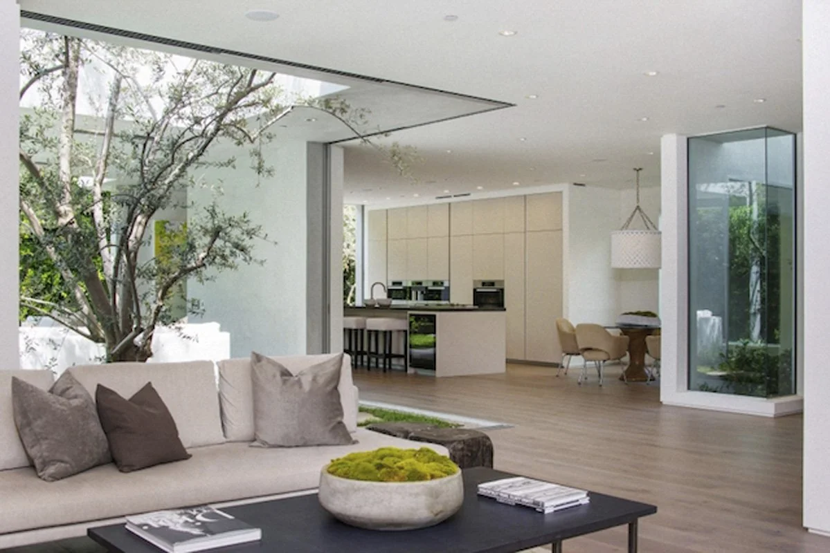 Indoor-outdoor living space in West Hollywood custom home with courtyard tree and open kitchen beyond.