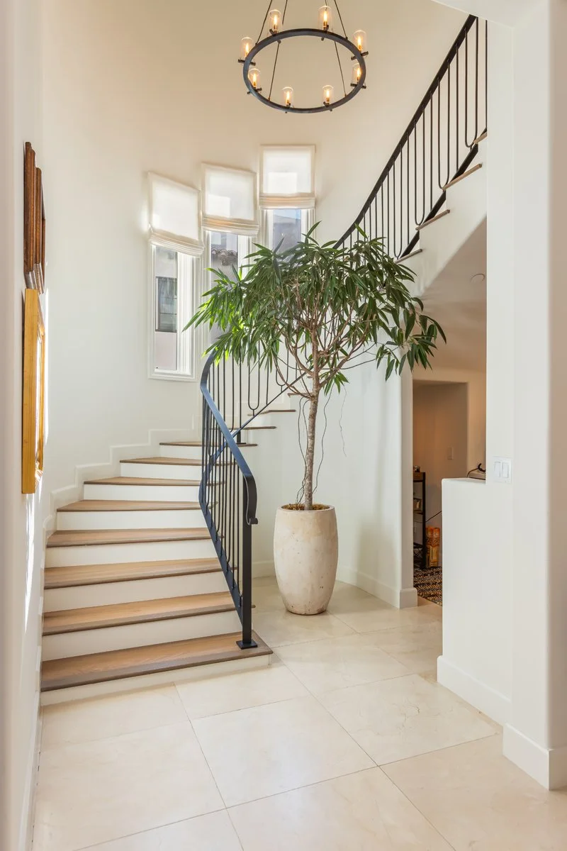Entry stair hall in a custom Brentwood home featuring a curved staircase with wood treads, black iron railing, statement chandelier, tall windows, and an indoor tree bringing in natural light.