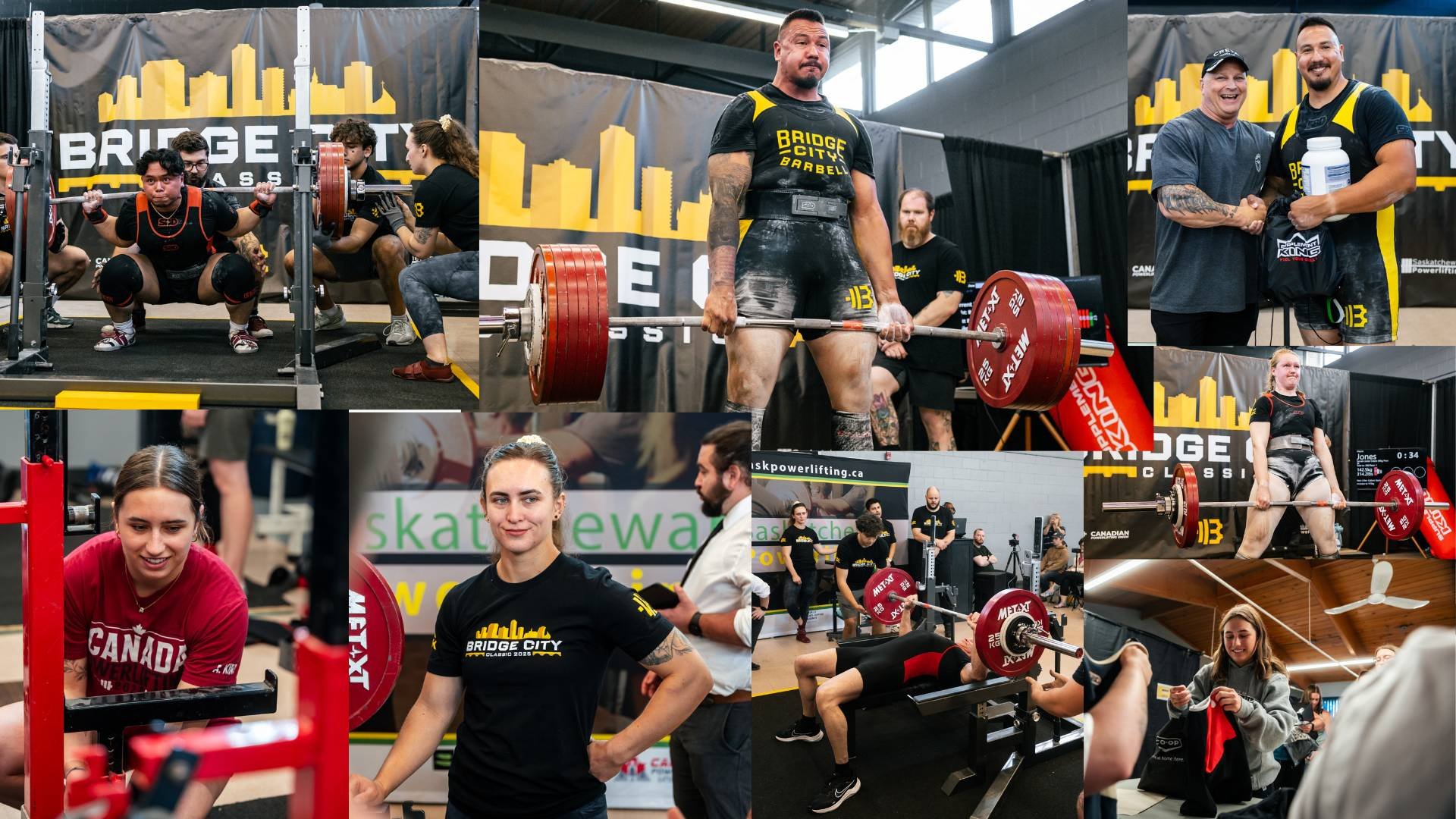 Various people participating in weightlifting and powerlifting activities at the Bridge City Classic event, including squats, deadlifts, and award ceremonies, with some posing for photos and others preparing to lift weights.