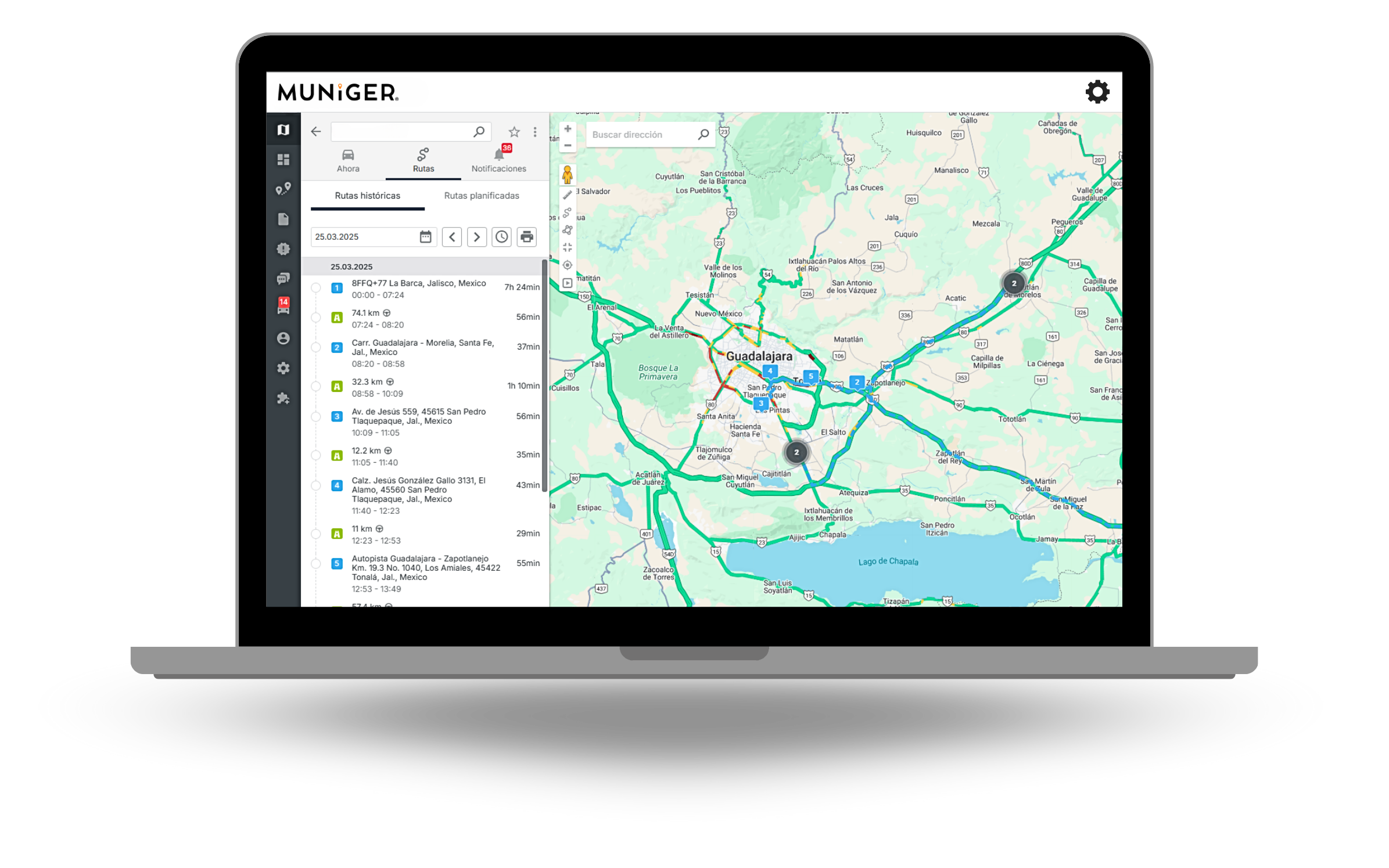 Representación de una plataforma de rastreo satelital de vehículos que cuenta con la capacidad de revisar rutas tomadas anteriormente por un vehículo