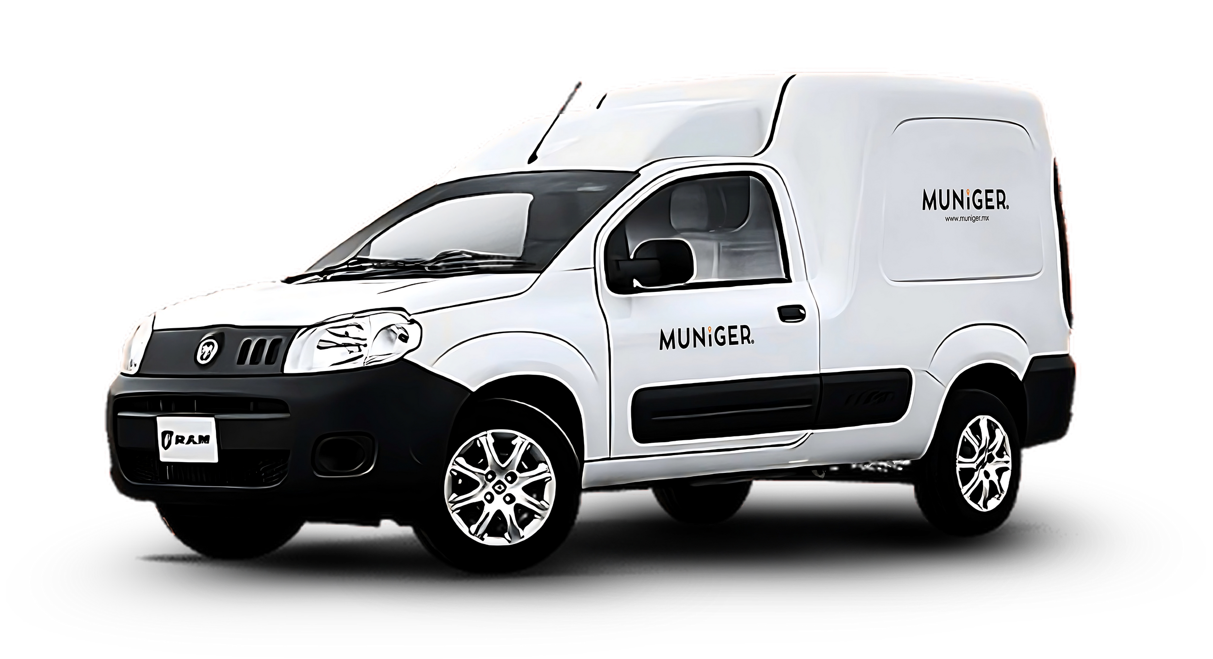 Furgoneta blanca con logotipo y texto 'Muniger', y una página web, en un fondo transparente.
