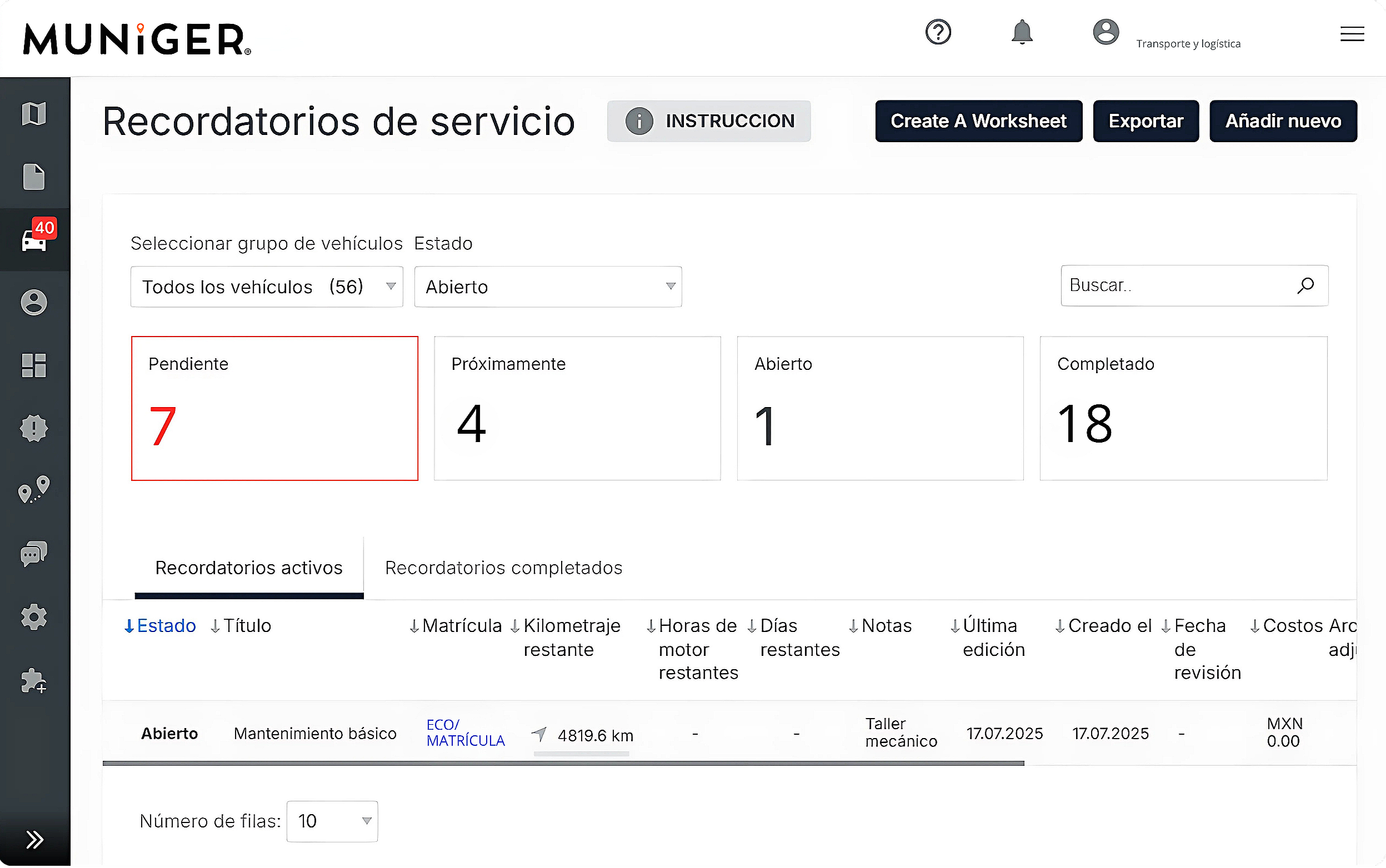 Recordatorio de mantenimientos próximos de un vehículo