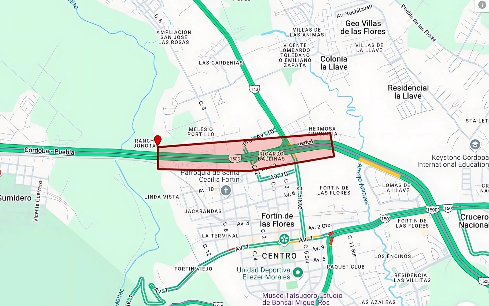 Mapa de una ciudad que muestra una zona delimitada por una geocerca