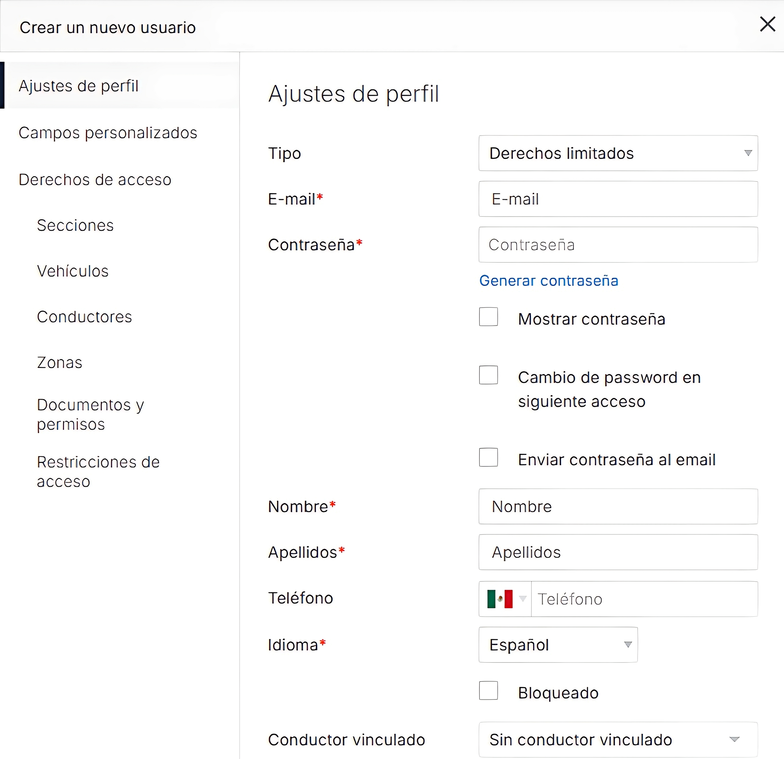 Pantalla de configuración para crear un nuevo usuario con opciones para ingresar correo, contraseña, nombre, apellidos, teléfono, idioma y detalles del conductor vinculado en una plataforma de gestión de vehiculos.