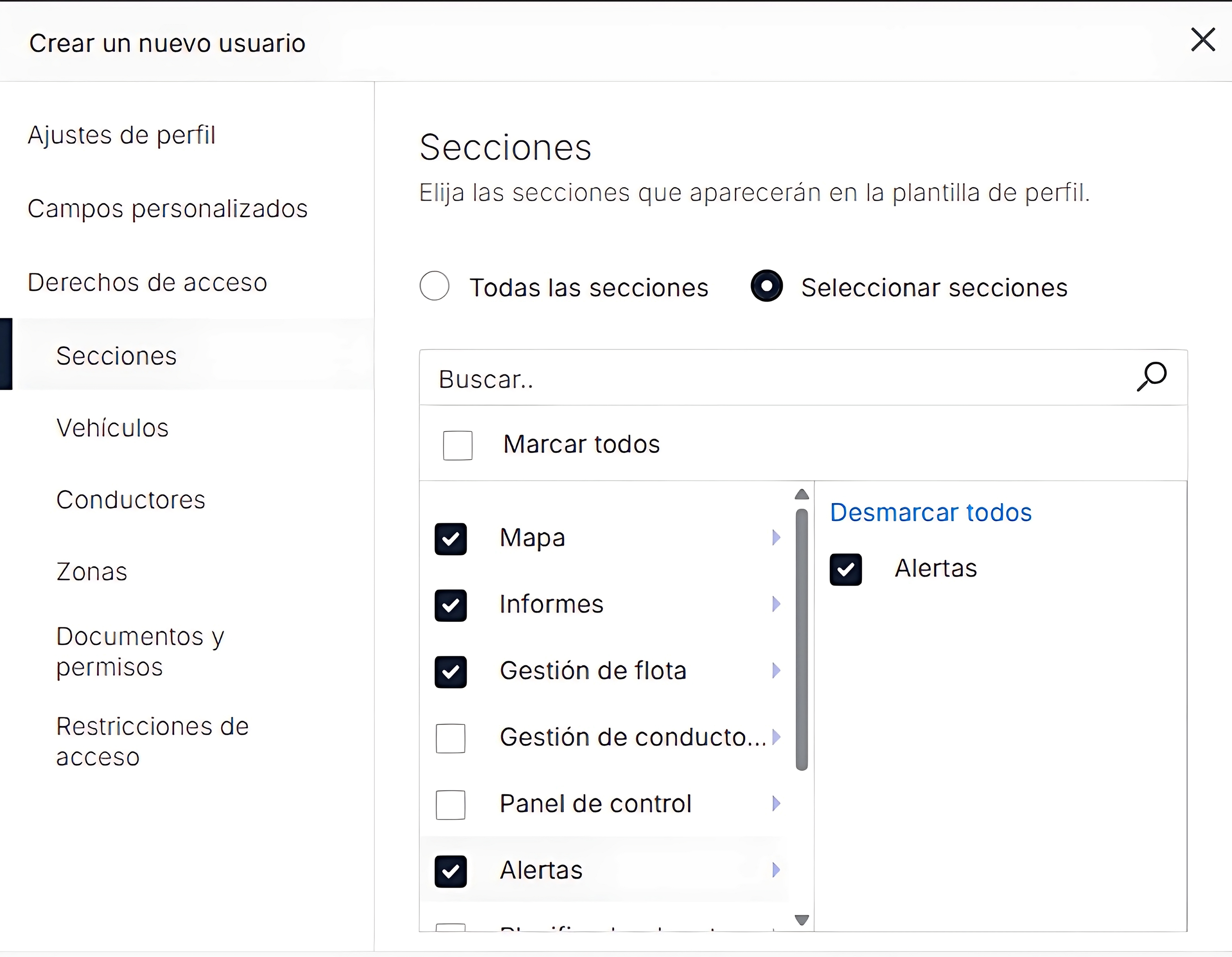 Pantalla de configuración de secciones en un perfil, con opciones marcadas como mapa, informes, gestión de flota y alertas.