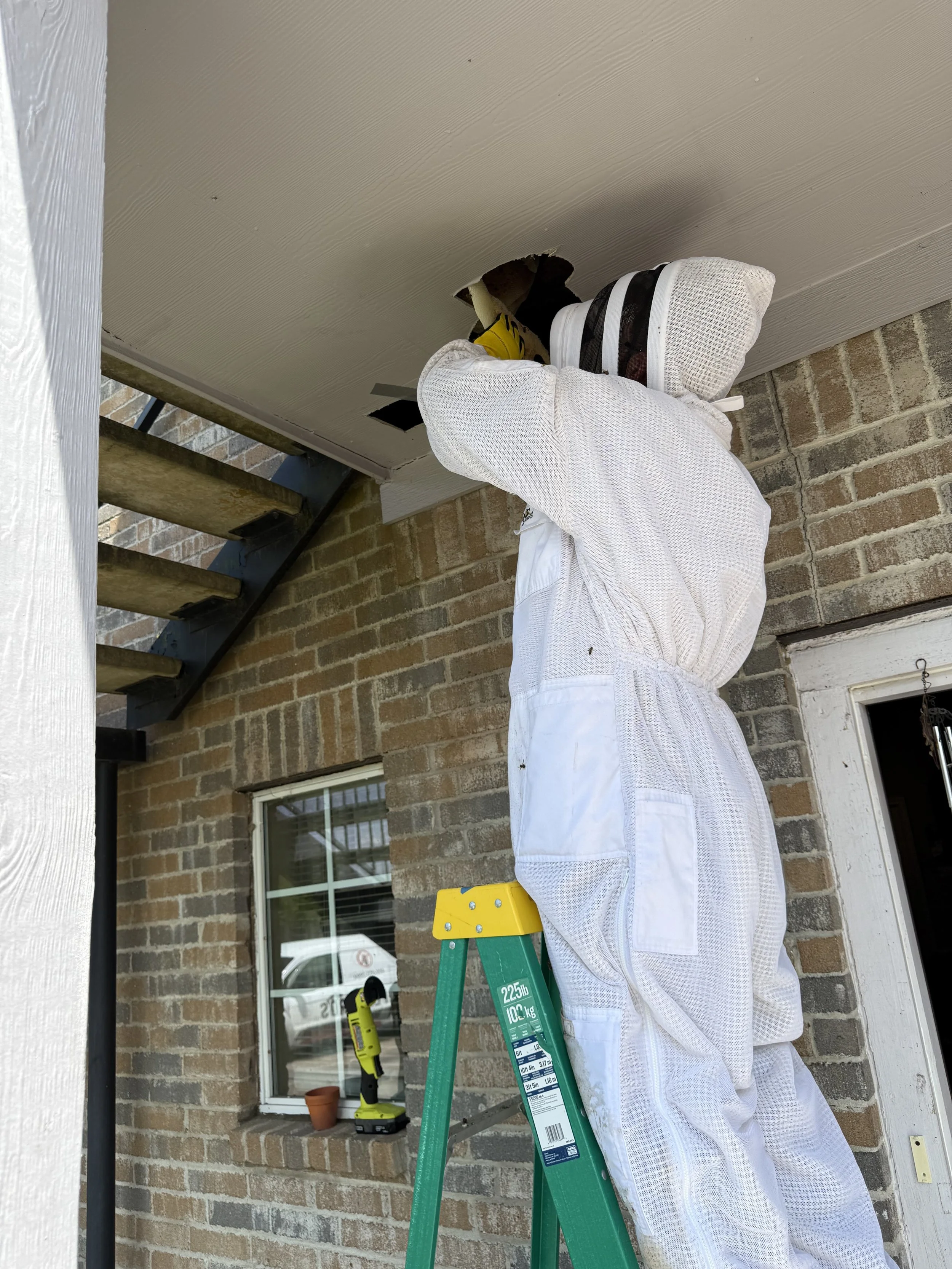 Person wearing white coveralls repairing or inspecting the soffit above a brick house exterior, standing on a green and yellow step ladder in an outdoor residential setting.