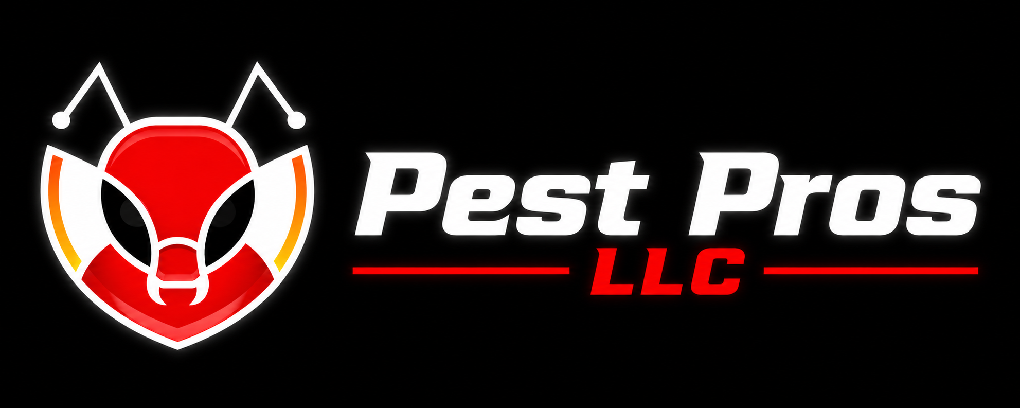 Logo for Pest Pros LLC featuring a stylized red pest with antennae and black eyes, with the company name in white and red text on a black background.