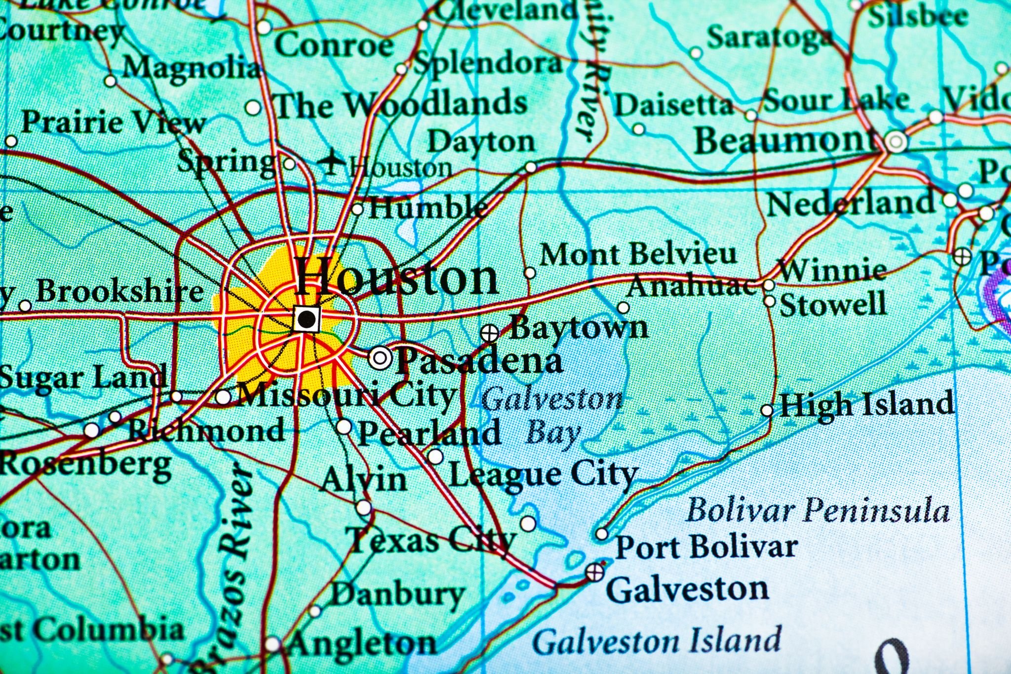 Map showing the Houston area and surrounding cities in Texas, including Houston, Sugar Land, Missouri City, Pasadena, Pearland, Alvin, Angleton, and Texas City.