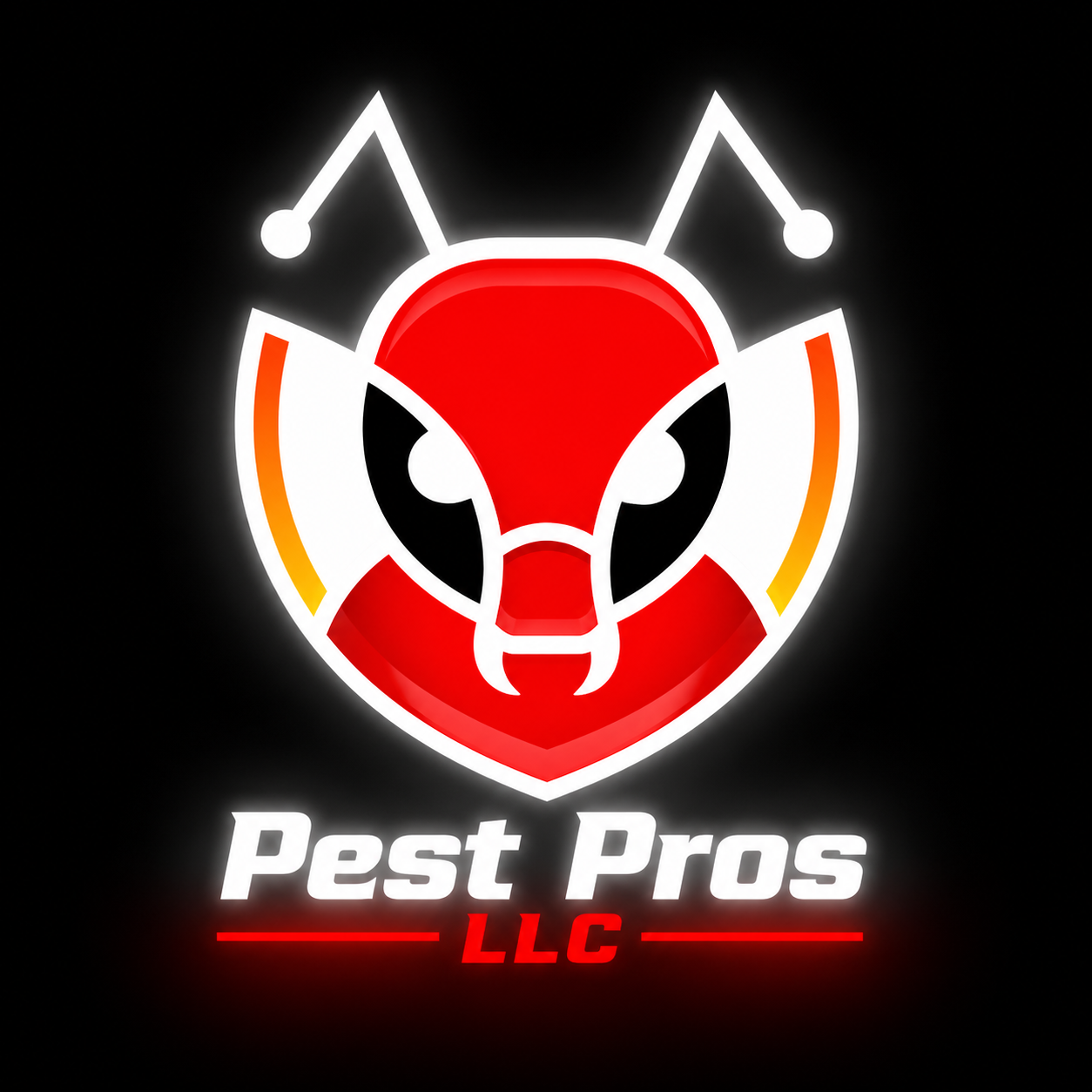 Neon sign with a stylized red and black insect face and the text "Pest Pros LLC" below.