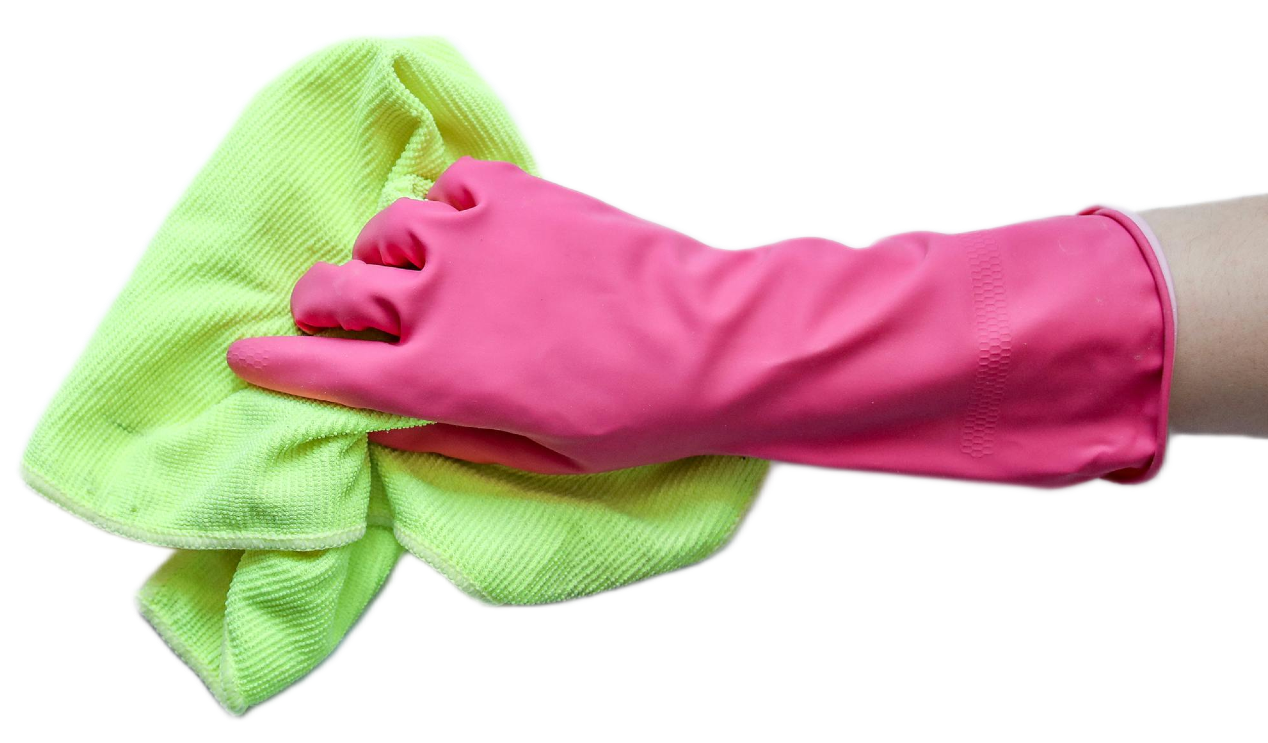 A hand wearing a pink rubber glove cleaning a green microfiber cloth.