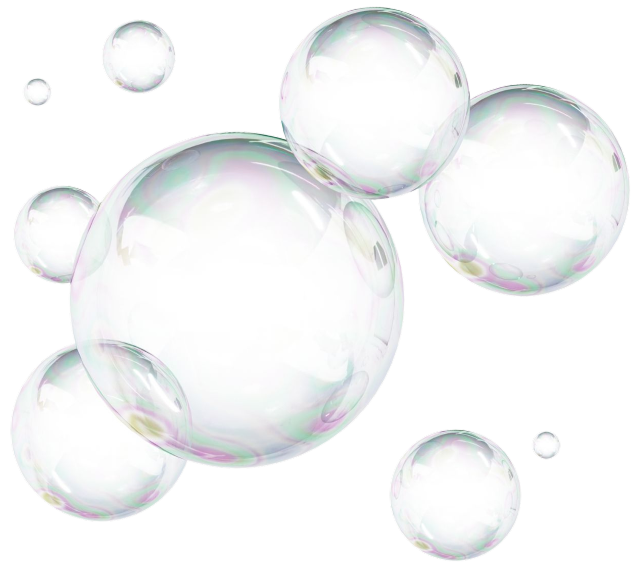 Multiple transparent soap bubbles with iridescent sheen floating in the air.