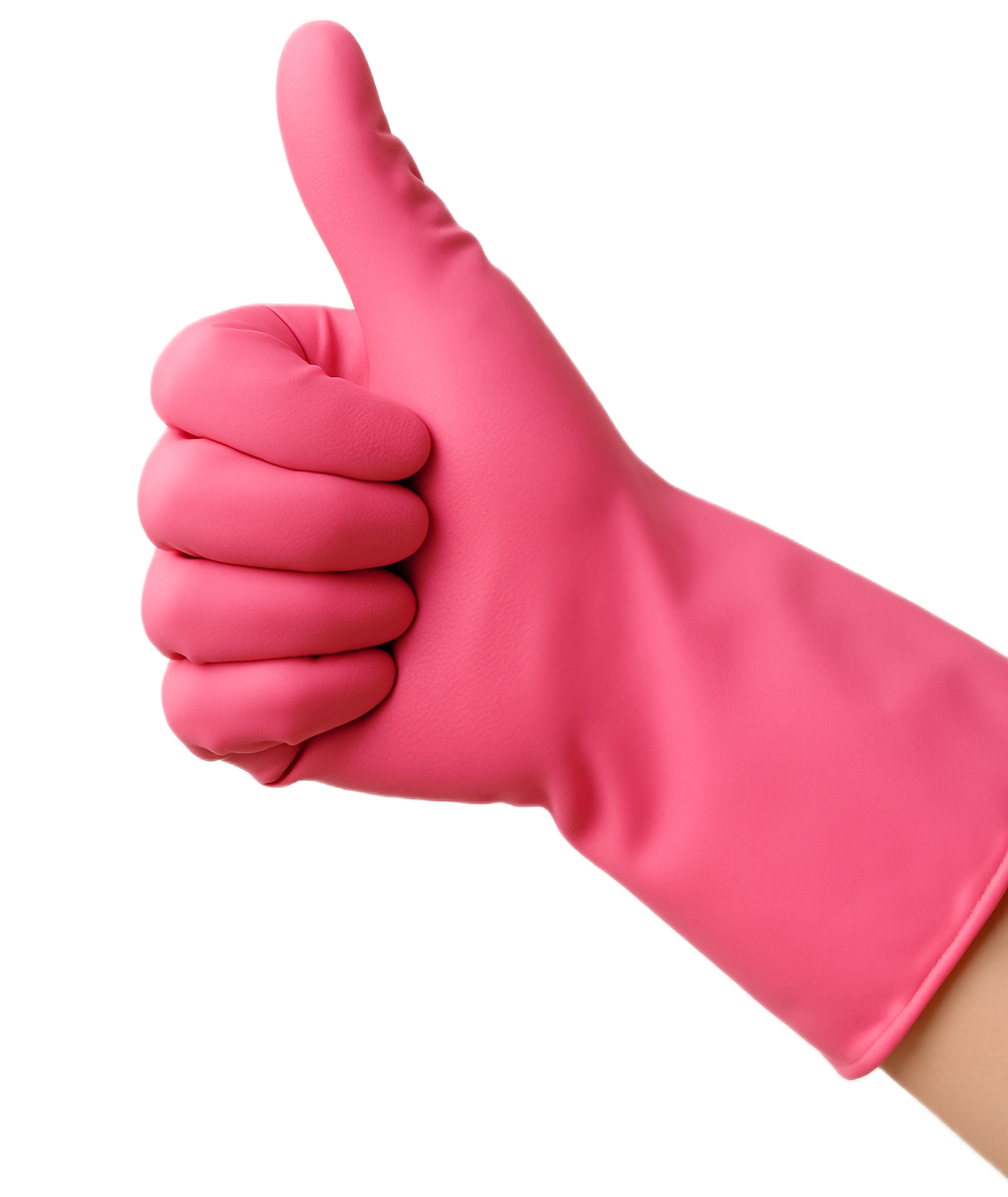 Hand wearing a pink rubber glove giving a thumbs up.