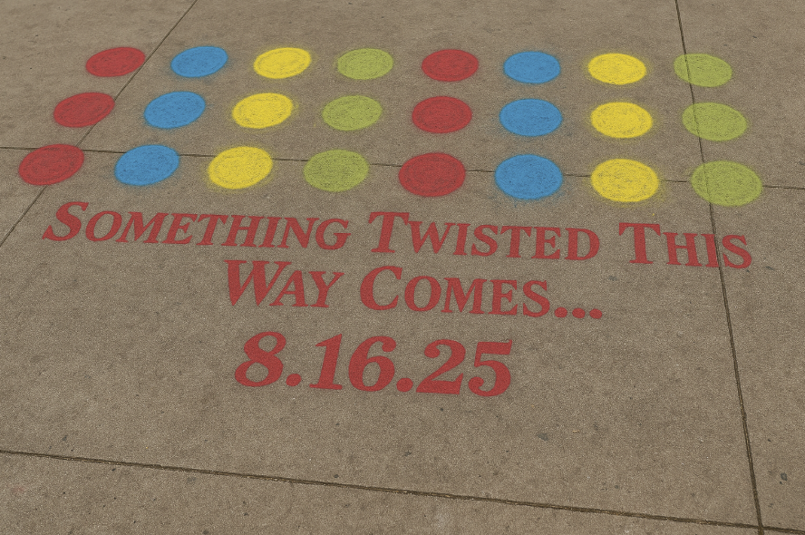 Colored circles on the ground forming a pattern next to a message that reads 'Something twisted this way comes... 8.16.25'.