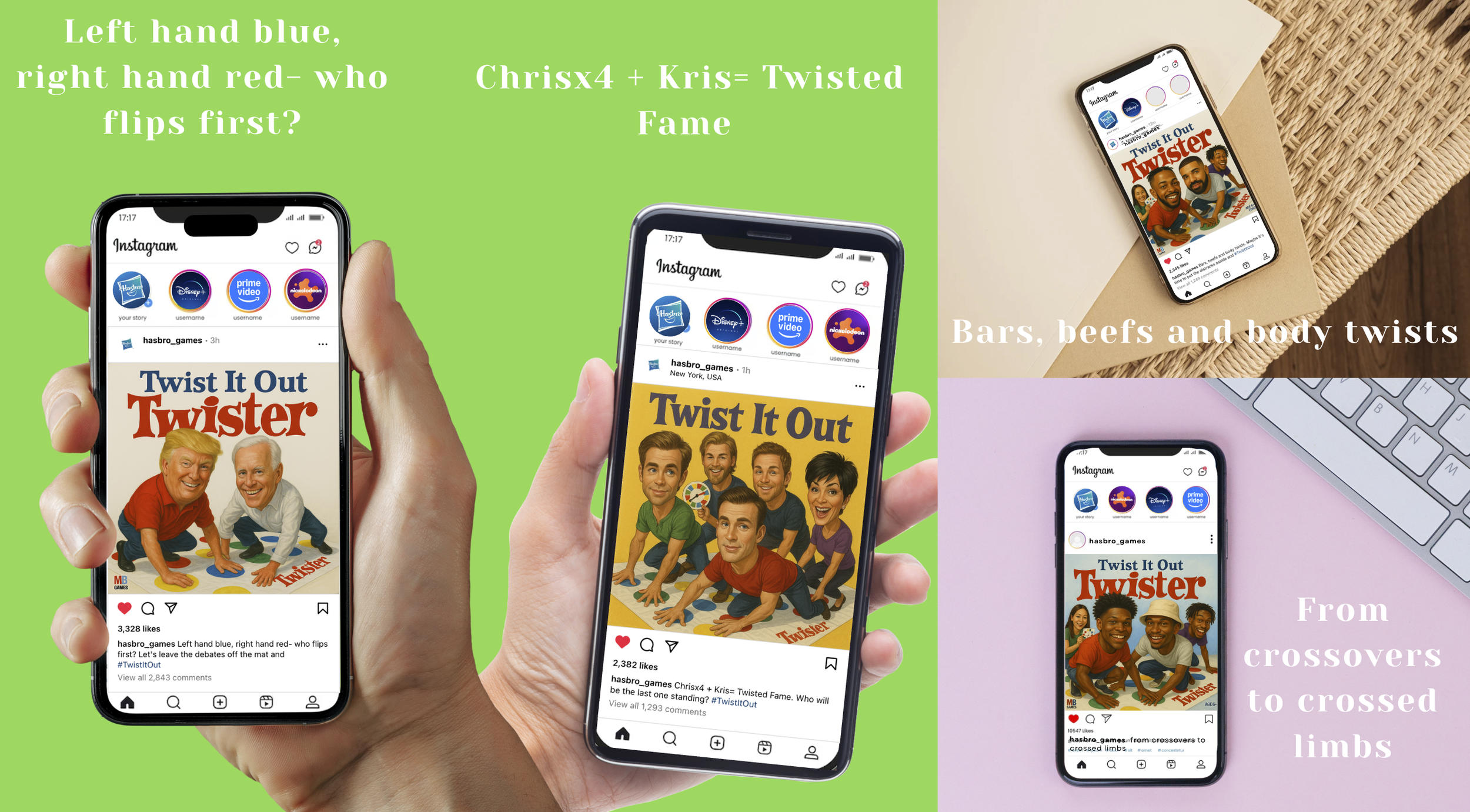 The image shows four smartphones displaying different Instagram posts of the game Twister, with each showing variations of people playing or promoting the game. The background is divided into three sections with the following labels: "Left hand blue, right hand red- who flips first?", "Chrisx4 + Kris= Twisted Fame", "Bars, beefs and body twists" and "From crossovers to crossed limbs".