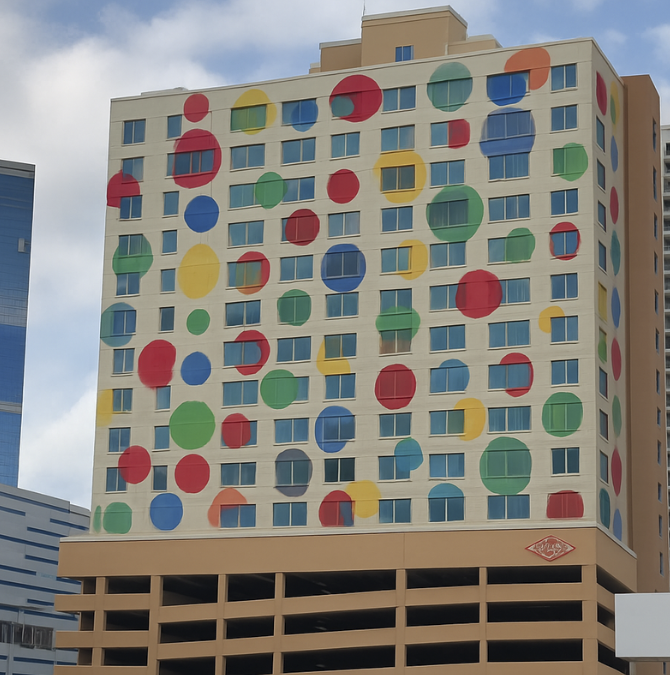 Tall building with a colorful polka dot mural on the upper floors, featuring various sizes of red, green, blue, and yellow circles on a white background, in an urban setting with partly cloudy sky.