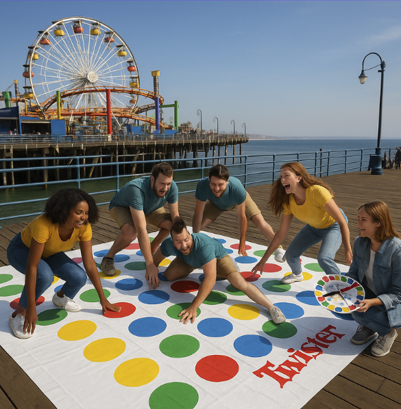A group of six friends playing Twister on a wooden pier near the ocean, with a Ferris wheel in the background and clear blue skies.
