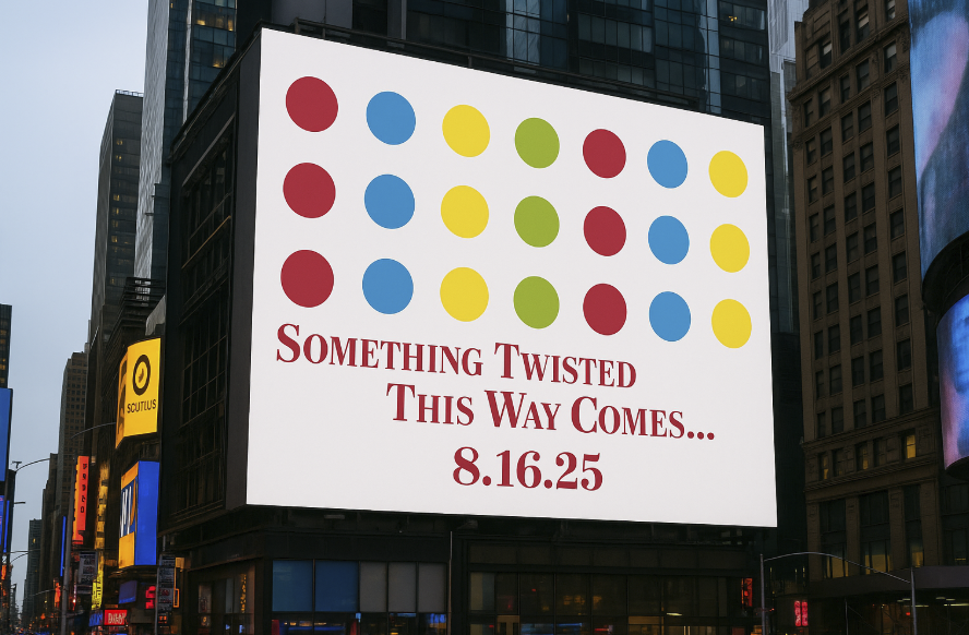 Digital billboard in Times Square with colorful dots and text 'Something Twisted This Way Comes... 8.16.25'.
