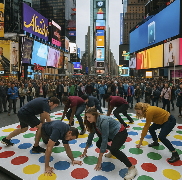 People playing Twister in Times Square, New York City, surrounded by crowds and bright billboards.