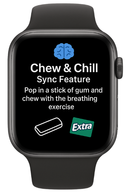 Smartwatch screen displaying a feature called 'Chew & Chill' that syncs with gum for breathing exercises, showing an image of gum and an extra piece.