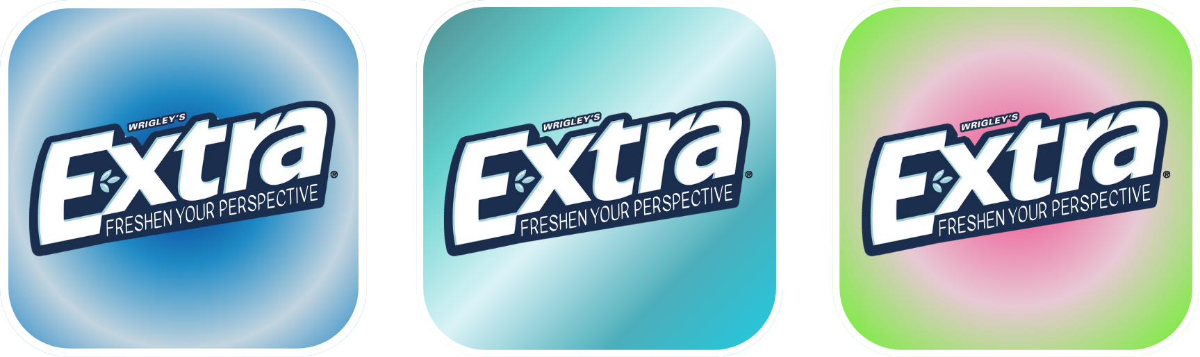 Three packages of Wrigley's Extra gum, each with different colored backgrounds: blue, light blue, and green with pink, all featuring the Extra logo and the slogan "Freshen Your Perspective."