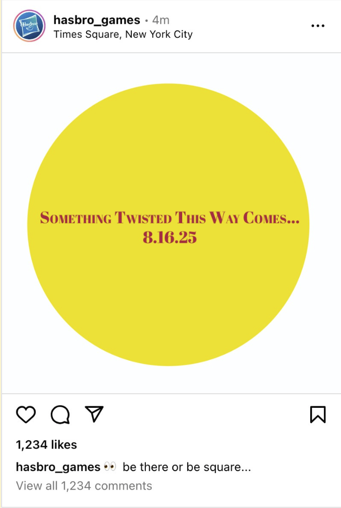 Yellow circle with red text that says "Something Twisted This Way Comes... 8.16.25"