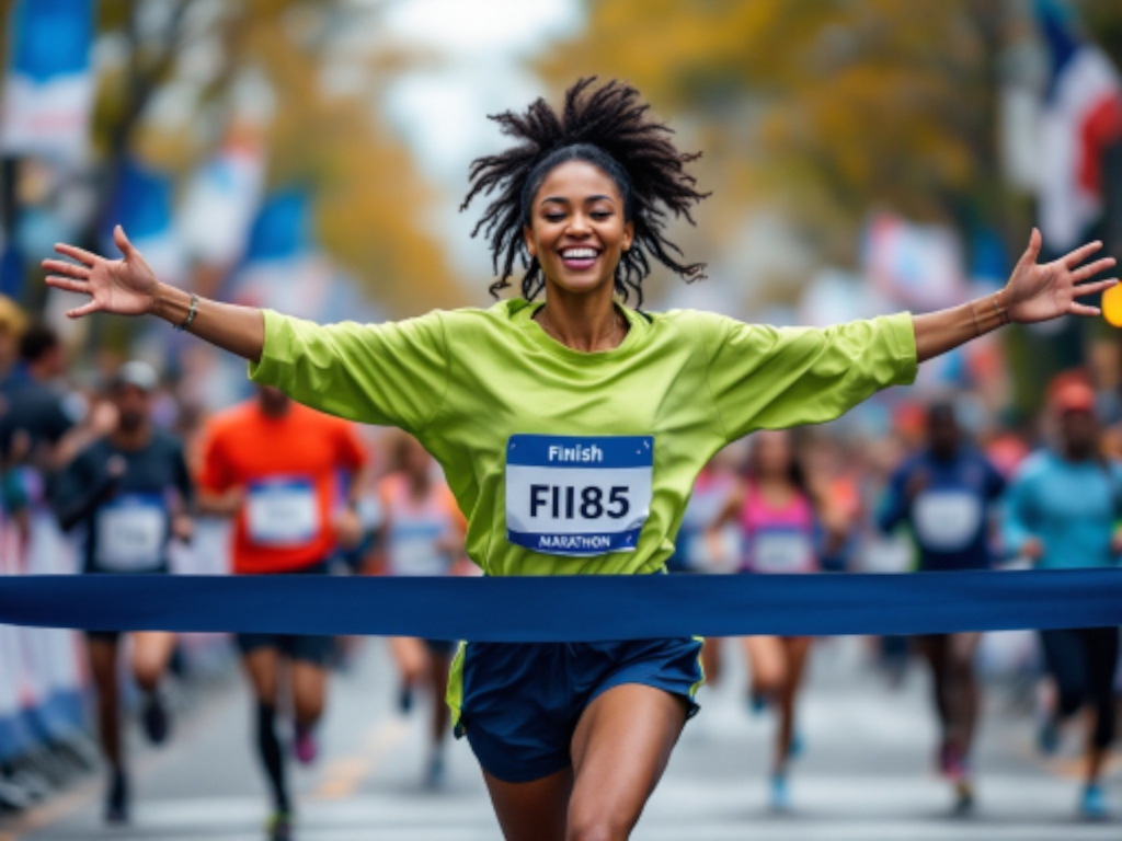 A smiling female marathon runner crossing the finish line with arms outstretched in a crowd during the race.