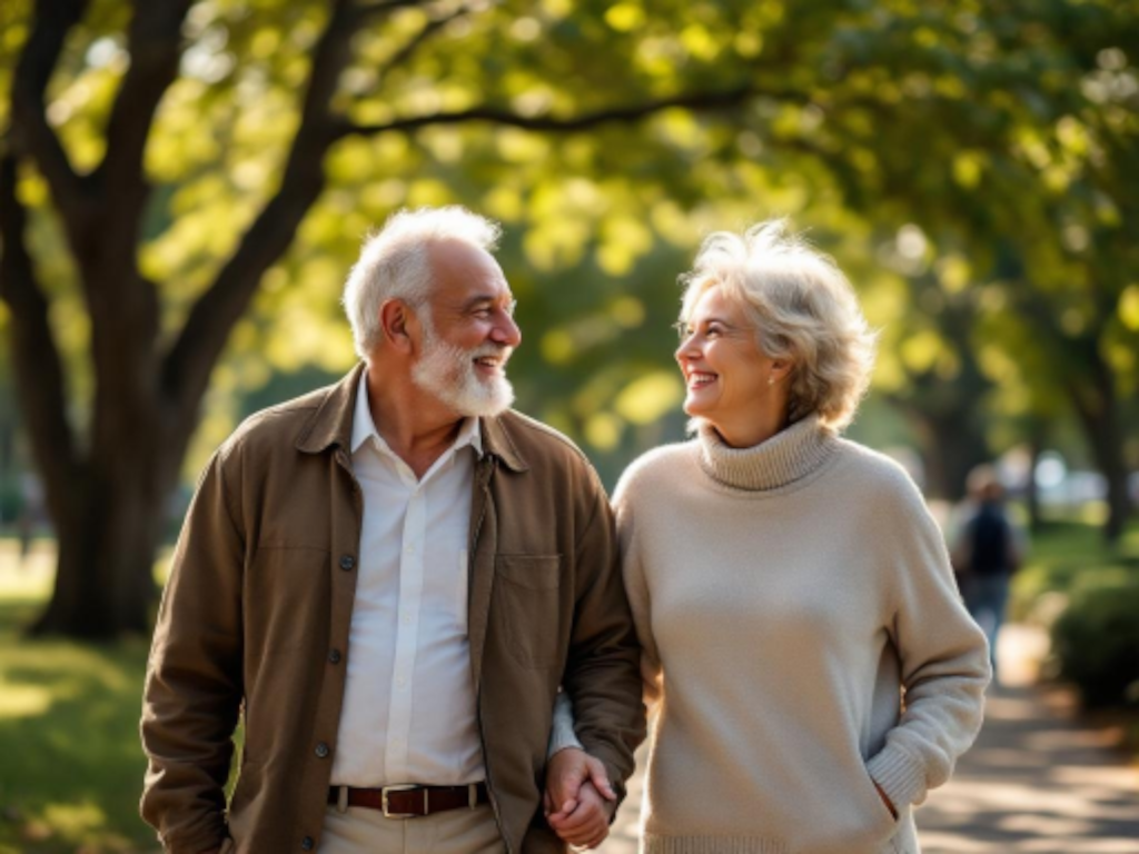 An elderly couple walking hand-in-hand through a park, smiling and enjoying each other's company on a sunny day.
